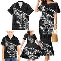 New Zealand Rugby Warrior Custom Family Matching Mermaid Dress and Hawaiian Shirt Black Fern Taniko Motif