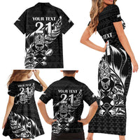 New Zealand Rugby Warrior Custom Family Matching Short Sleeve Bodycon Dress and Hawaiian Shirt Black Fern Taniko Motif
