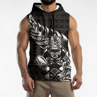 New Zealand Rugby Warrior Custom Sleeveless Zip Hoodie Black Fern Taniko Motif - Polynesian Pride