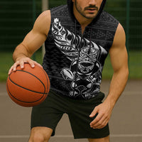 New Zealand Rugby Warrior Custom Sleeveless Zip Hoodie Black Fern Taniko Motif - Polynesian Pride