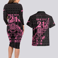 New Zealand Rugby Warrior Custom Couples Matching Long Sleeve Bodycon Dress and Hawaiian Shirt Pink Fern Taniko Motif