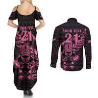 New Zealand Rugby Warrior Custom Couples Matching Summer Maxi Dress and Long Sleeve Button Shirt Pink Fern Taniko Motif