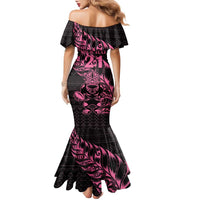 New Zealand Rugby Warrior Custom Family Matching Mermaid Dress and Hawaiian Shirt Pink Fern Taniko Motif