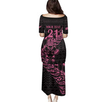 New Zealand Rugby Warrior Custom Family Matching Puletasi and Hawaiian Shirt Pink Fern Taniko Motif