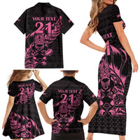 New Zealand Rugby Warrior Custom Family Matching Short Sleeve Bodycon Dress and Hawaiian Shirt Pink Fern Taniko Motif