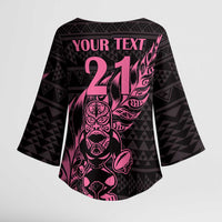 New Zealand Rugby Warrior Custom Kimono Sleeve Blouse Pink Fern Taniko Motif - Polynesian Pride