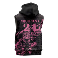 New Zealand Rugby Warrior Custom Sleeveless Hoodie Pink Fern Taniko Motif - Polynesian Pride