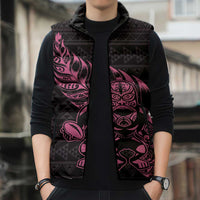 New Zealand Rugby Warrior Custom Sleeveless Puffer Jacket Pink Fern Taniko Motif - Polynesian Pride