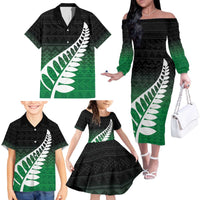 Green Silver Fern Spirit Taniko Tukutuku Personalised Family Matching Off The Shoulder Long Sleeve Dress and Hawaiian Shirt