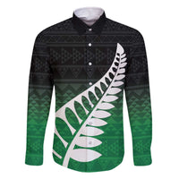 Green Silver Fern Spirit Taniko Tukutuku Personalised Family Matching Off The Shoulder Long Sleeve Dress and Hawaiian Shirt