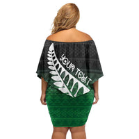 Green Silver Fern Spirit Taniko Tukutuku Personalised Family Matching Off Shoulder Short Dress and Hawaiian Shirt