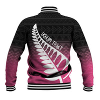 Pink Silver Fern Spirit Taniko Tukutuku Personalised Baseball Jacket LT9 - Polynesian Pride