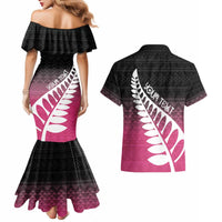 Pink Silver Fern Spirit Taniko Tukutuku Personalised Couples Matching Mermaid Dress and Hawaiian Shirt