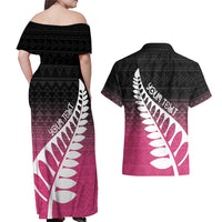 Pink Silver Fern Spirit Taniko Tukutuku Personalised Couples Matching Off Shoulder Maxi Dress and Hawaiian Shirt