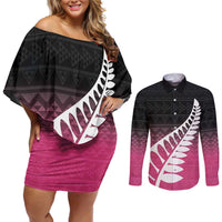 Pink Silver Fern Spirit Taniko Tukutuku Personalised Couples Matching Off Shoulder Short Dress and Long Sleeve Button Shirt