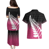 Pink Silver Fern Spirit Taniko Tukutuku Personalised Couples Matching Puletasi and Hawaiian Shirt