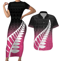 Pink Silver Fern Spirit Taniko Tukutuku Personalised Couples Matching Short Sleeve Bodycon Dress and Hawaiian Shirt