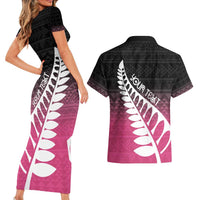 Pink Silver Fern Spirit Taniko Tukutuku Personalised Couples Matching Short Sleeve Bodycon Dress and Hawaiian Shirt