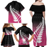 Pink Silver Fern Spirit Taniko Tukutuku Personalised Family Matching Off Shoulder Maxi Dress and Hawaiian Shirt