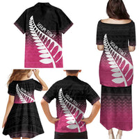 Pink Silver Fern Spirit Taniko Tukutuku Personalised Family Matching Puletasi and Hawaiian Shirt
