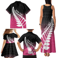 Pink Silver Fern Spirit Taniko Tukutuku Personalised Family Matching Tank Maxi Dress and Hawaiian Shirt