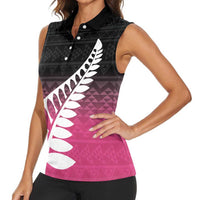 Pink Silver Fern Spirit Taniko Tukutuku Personalised Women Sleeveless Polo Shirt