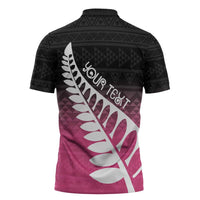 Pink Silver Fern Spirit Taniko Tukutuku Personalised Zipper Polo Shirt - Polynesian Pride