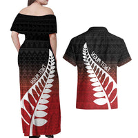 Red Silver Fern Spirit Taniko Tukutuku Personalised Couples Matching Off Shoulder Maxi Dress and Hawaiian Shirt
