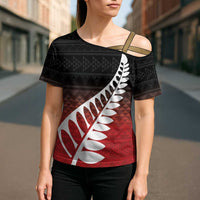 Red Silver Fern Spirit Taniko Tukutuku Personalised Cross Shoulder Shirt - Polynesian Pride