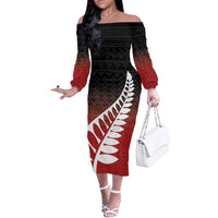 Red Silver Fern Spirit Taniko Tukutuku Personalised Off The Shoulder Long Sleeve Dress