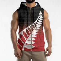 Red Silver Fern Spirit Taniko Tukutuku Personalised Sleeveless Zip Hoodie LT9 - Polynesian Pride