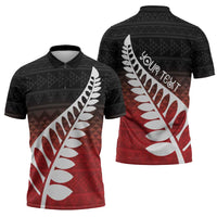 Red Silver Fern Spirit Taniko Tukutuku Personalised Zipper Polo Shirt - Polynesian Pride