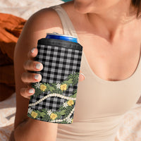 Aloha Puakenikeni Anthurium Pikake Lei 4 in 1 Can Cooler Tumbler Black Hawaiian Palaka Pattern