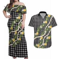 Aloha Puakenikeni Anthurium Pikake Lei Couples Matching Off Shoulder Maxi Dress and Hawaiian Shirt Black Hawaiian Palaka Pattern