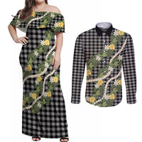 Aloha Puakenikeni Anthurium Pikake Lei Couples Matching Off Shoulder Maxi Dress and Long Sleeve Button Shirt Black Hawaiian Palaka Pattern