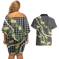 Aloha Puakenikeni Anthurium Pikake Lei Couples Matching Off Shoulder Short Dress and Hawaiian Shirt Black Hawaiian Palaka Pattern