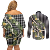 Aloha Puakenikeni Anthurium Pikake Lei Couples Matching Off Shoulder Short Dress and Long Sleeve Button Shirt Black Hawaiian Palaka Pattern