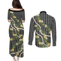 Aloha Puakenikeni Anthurium Pikake Lei Couples Matching Puletasi and Long Sleeve Button Shirt Black Hawaiian Palaka Pattern
