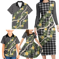Aloha Puakenikeni Anthurium Pikake Lei Family Matching Long Sleeve Bodycon Dress and Hawaiian Shirt Black Hawaiian Palaka Pattern LT9 - Polynesian Pride