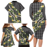 Aloha Puakenikeni Anthurium Pikake Lei Family Matching Long Sleeve Bodycon Dress and Hawaiian Shirt Black Hawaiian Palaka Pattern