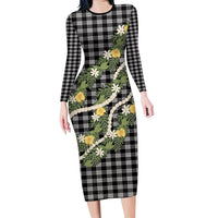 Aloha Puakenikeni Anthurium Pikake Lei Family Matching Long Sleeve Bodycon Dress and Hawaiian Shirt Black Hawaiian Palaka Pattern