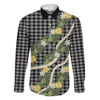 Aloha Puakenikeni Anthurium Pikake Lei Family Matching Off The Shoulder Long Sleeve Dress and Hawaiian Shirt Black Hawaiian Palaka Pattern
