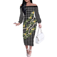 Aloha Puakenikeni Anthurium Pikake Lei Family Matching Off The Shoulder Long Sleeve Dress and Hawaiian Shirt Black Hawaiian Palaka Pattern