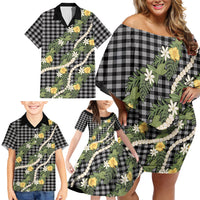 Aloha Puakenikeni Anthurium Pikake Lei Family Matching Off Shoulder Short Dress and Hawaiian Shirt Black Hawaiian Palaka Pattern