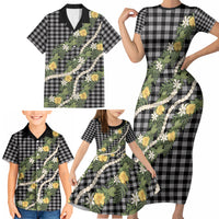 Aloha Puakenikeni Anthurium Pikake Lei Family Matching Short Sleeve Bodycon Dress and Hawaiian Shirt Black Hawaiian Palaka Pattern LT9 - Polynesian Pride