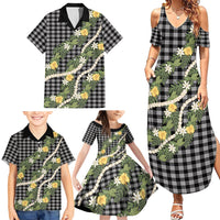 Aloha Puakenikeni Anthurium Pikake Lei Family Matching Summer Maxi Dress and Hawaiian Shirt Black Hawaiian Palaka Pattern