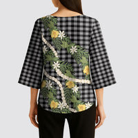 Aloha Puakenikeni Anthurium Pikake Lei Kimono Sleeve Blouse Black Hawaiian Palaka Pattern