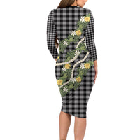 Aloha Puakenikeni Anthurium Pikake Lei Long Sleeve Bodycon Dress Black Hawaiian Palaka Pattern
