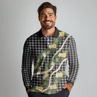 Aloha Puakenikeni Anthurium Pikake Lei Long Sleeve Polo Shirt Black Hawaiian Palaka Pattern