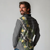 Aloha Puakenikeni Anthurium Pikake Lei Long Sleeve Polo Shirt Black Hawaiian Palaka Pattern